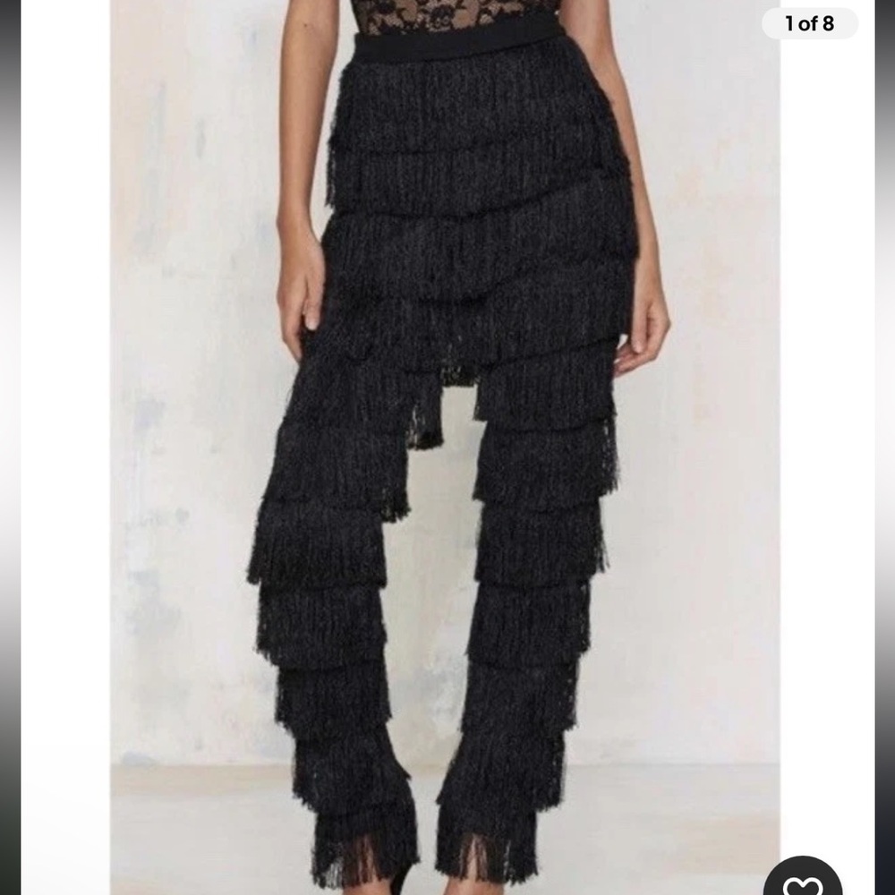 Lavish Alice Black Tiered Fringe Pants Size UK XS Size US 2